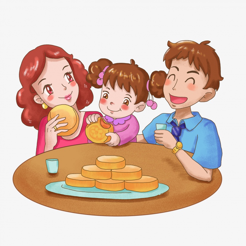 中秋节卡通一家人团圆吃月饼中秋