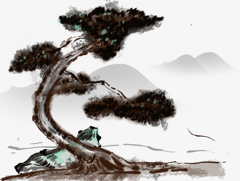 古树和远处的山中国水墨风插画