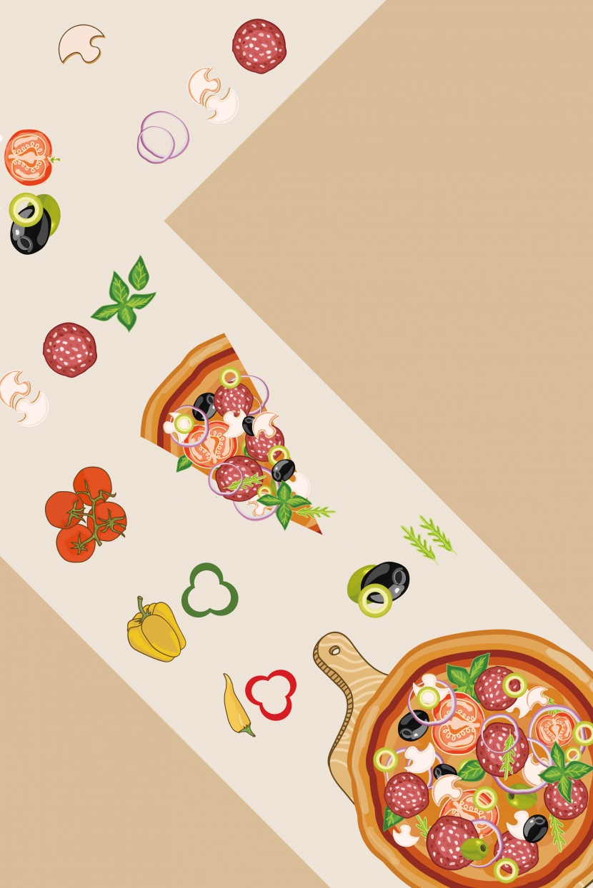 简约撞色扁平美食披萨蔬菜背景