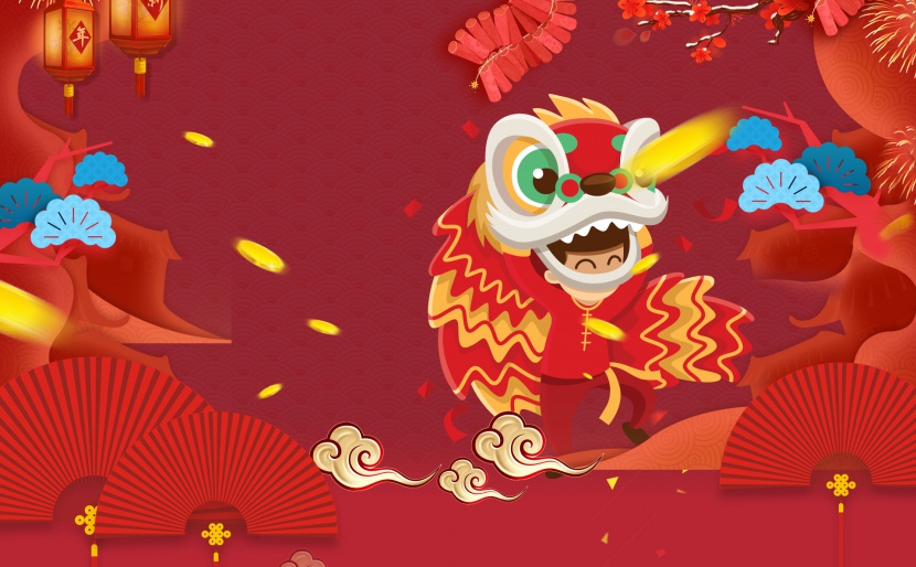 红色中国风云纹舞狮年货百货春节海报背景