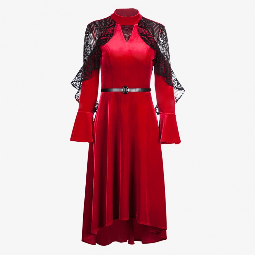 红色蕾丝高腰中长裙礼服