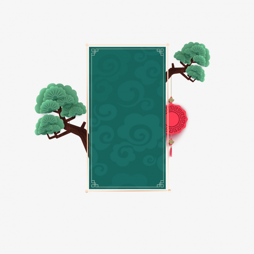 春节国潮复古墨绿边框装饰金色描边祥松树灯笼