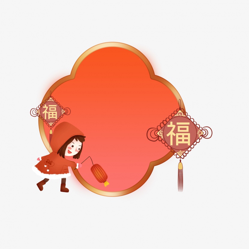 春节红喜庆边框过年小女孩灯笼装饰框