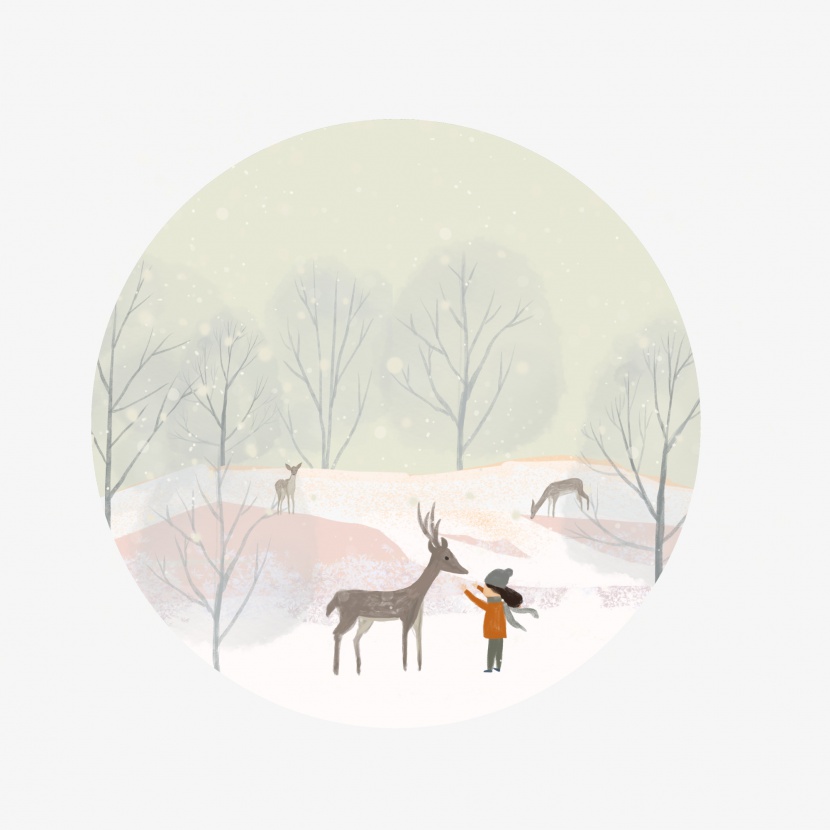 冬季下雪大寒小寒冬天装饰背景边框远山鹿小女孩树