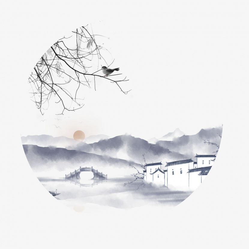 徽派中国风古风水墨山水树枝背景框