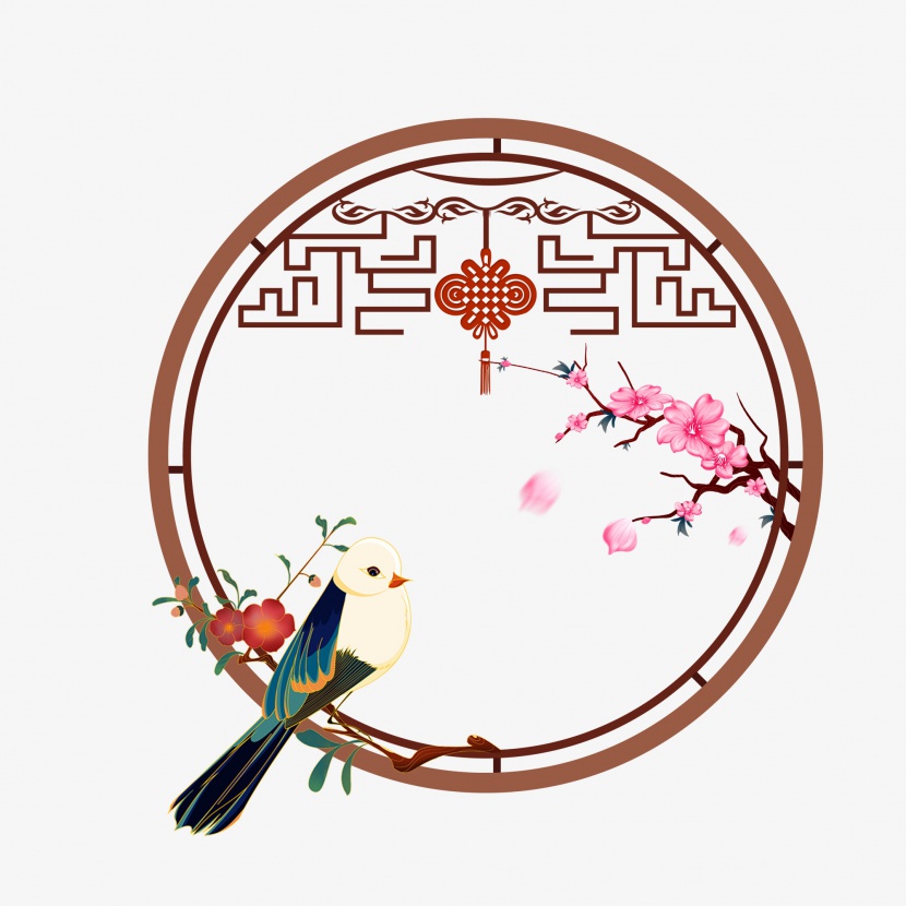 花儿与鸟装饰复古风中国结装饰窗圆框