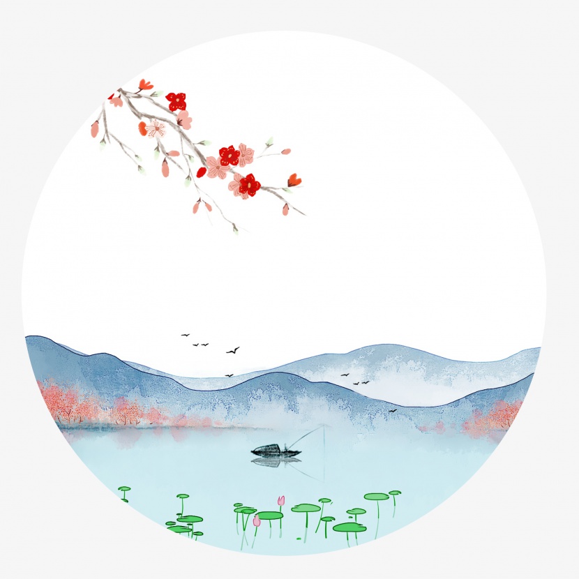 中国风古风水墨水彩山水树枝背景框
