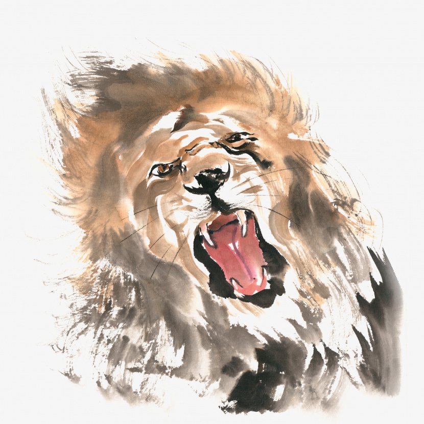 嘶吼的狮子水墨画PNG免抠素材