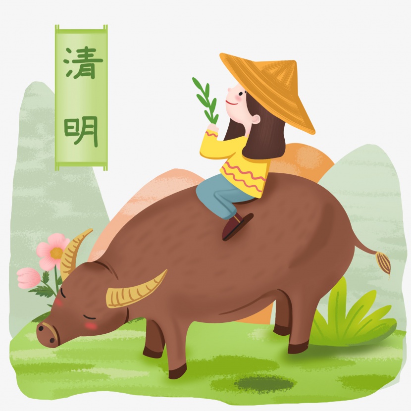 清明节牧牛人物插画