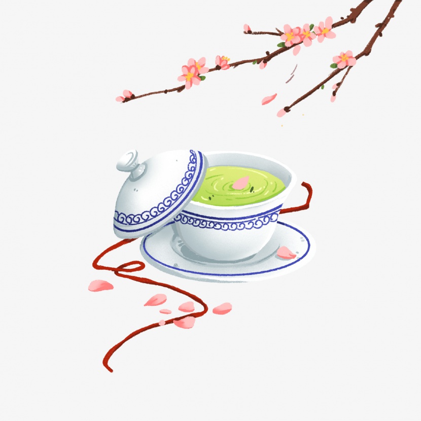 清明节手绘青花瓷茶杯粉色桃花