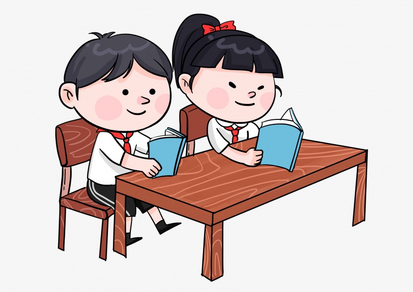 六一儿童节坐在书桌前一起读书的小朋友
