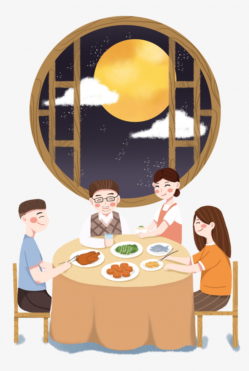 中秋节手绘一家人吃饭团圆