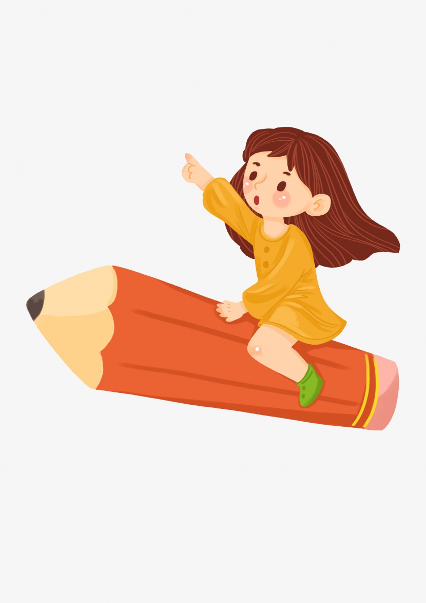 骑着铅笔飞行的卡通小女孩卡通形