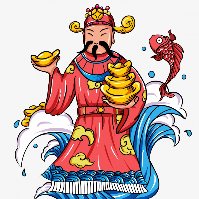 中国风手绘鲤鱼财神爷