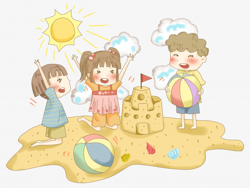 夏天沙滩玩耍晒太阳插画PNG
