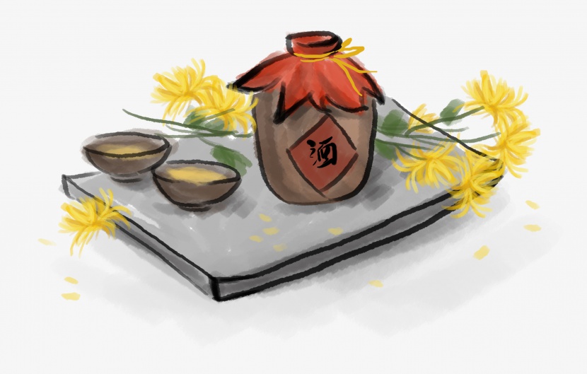 重阳节手绘传统酒和菊花