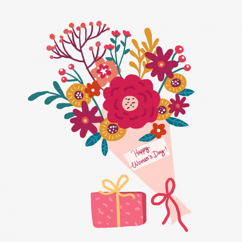 女生女神节38妇女节手绘红色花束礼盒