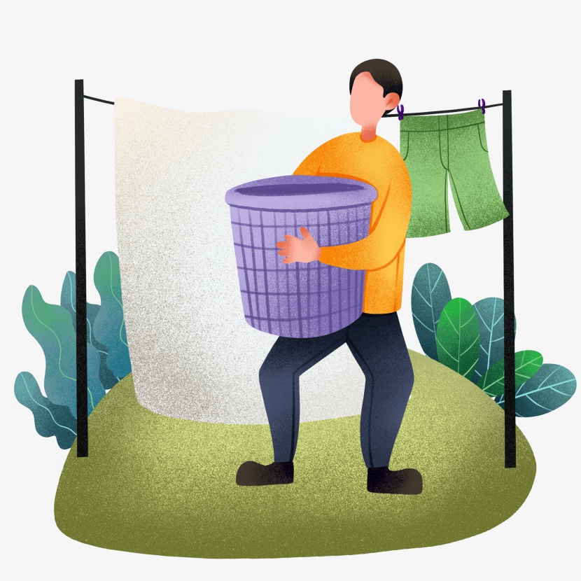 洗衣服晾衣服男孩插画