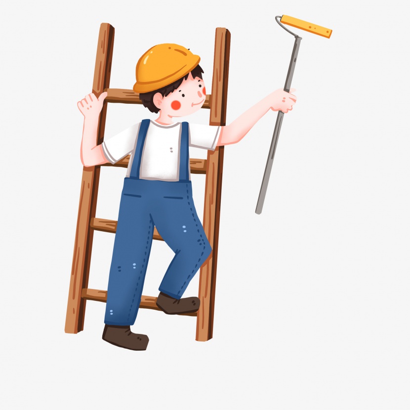卡通插图爬着梯子刷墙的装修工人