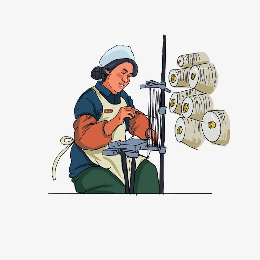年代感劳动的妇女纺织人物