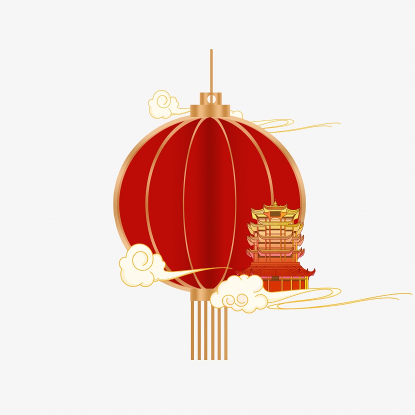 春节新年国潮元素灯笼装饰背景金色祥云建筑