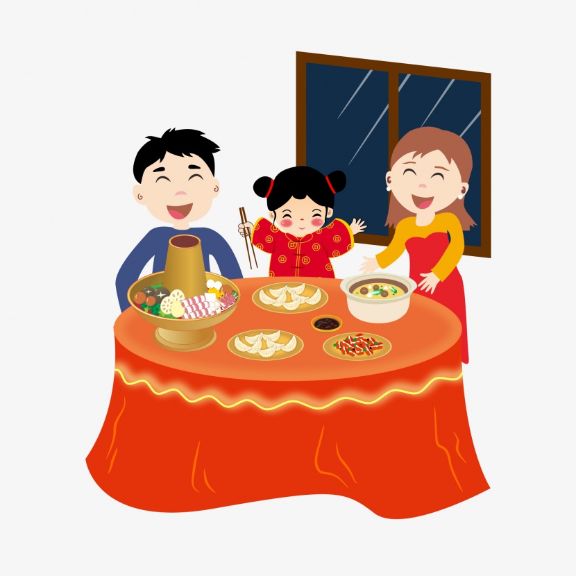 新年习俗福娃吃饺子新年气氛矢量手绘