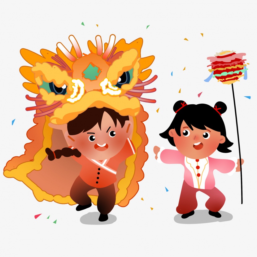 新年春节双人舞狮子习俗可爱扁平装饰