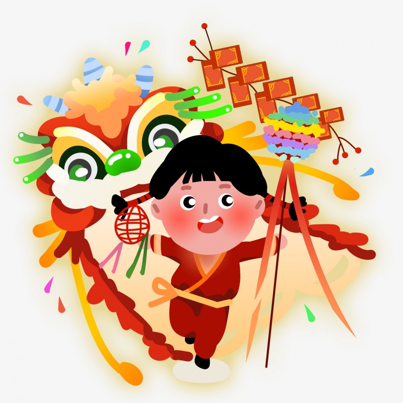 新年春节习俗舞狮子鞭炮可爱扁平素材