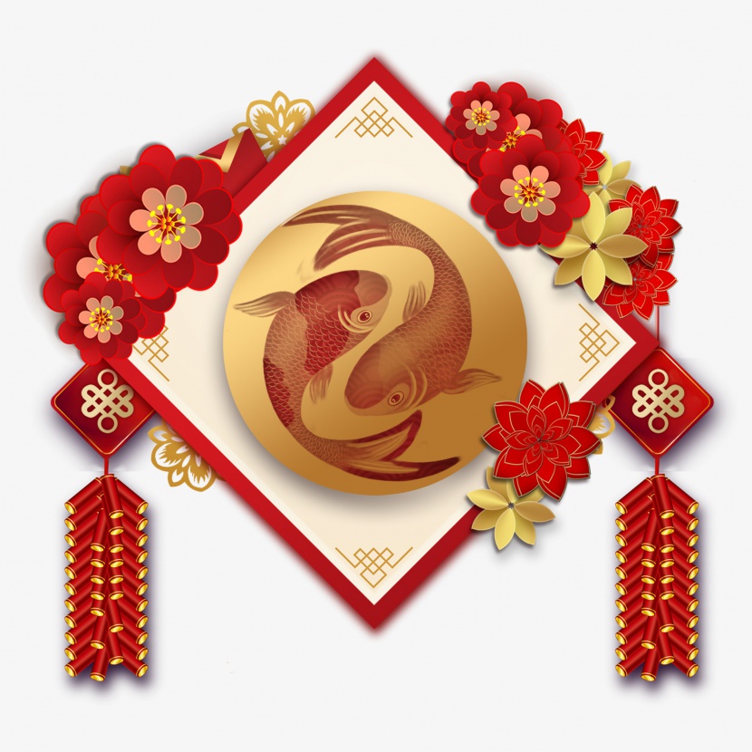 新年春节锦鲤中国风剪纸花朵鞭炮