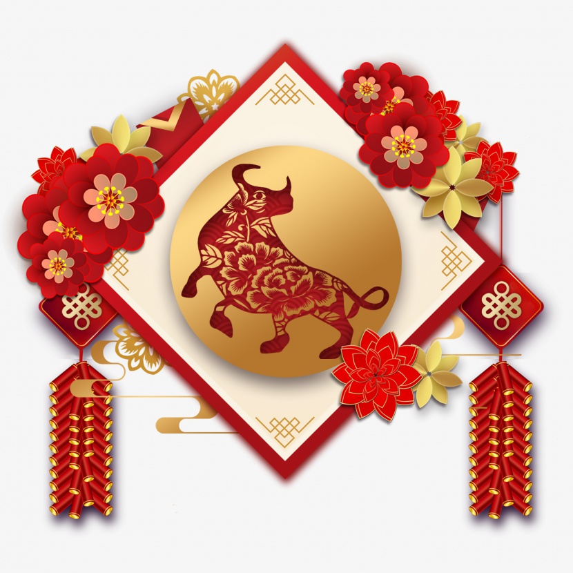 新年春节金色牛年传统喜庆繁花朵鞭炮