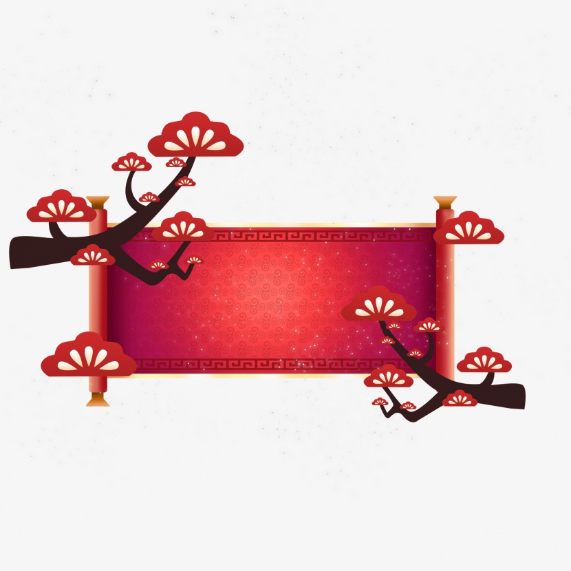 元旦新年春节中国风装饰背景卷轴树枝花朵