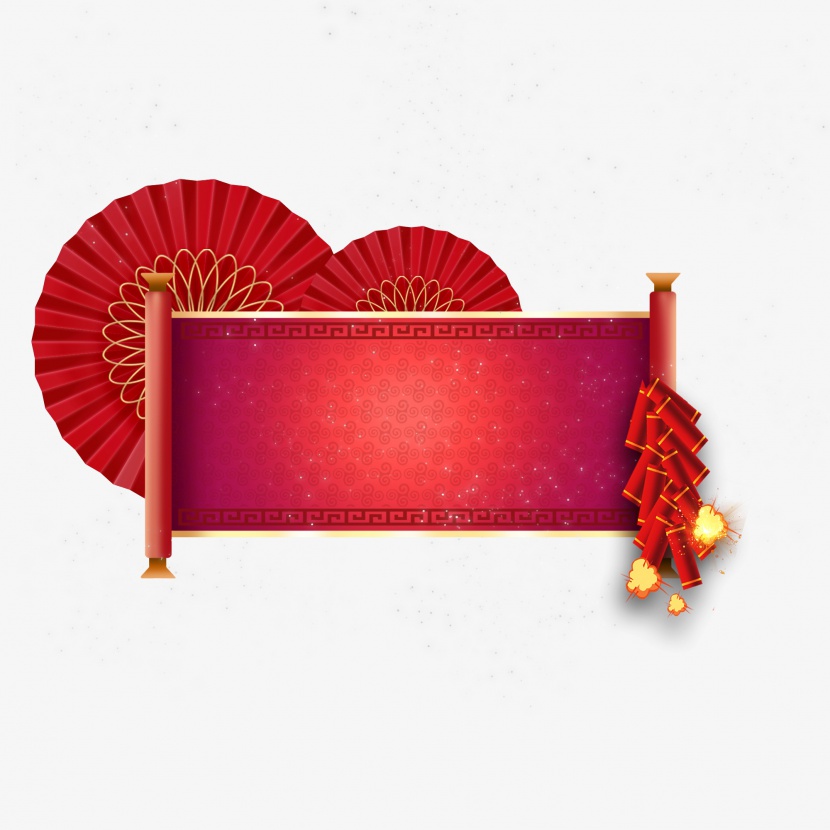 元旦新年春节中国风装饰背景卷轴扇面鞭炮
