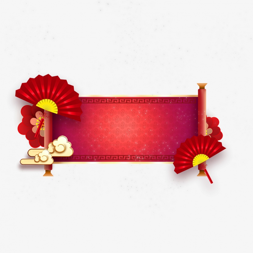 元旦新年春节中国风装饰背景卷轴扇面花朵