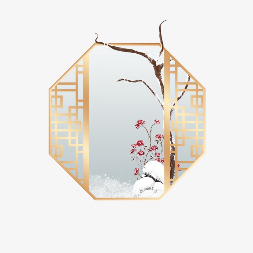 元旦新年春节喜庆中国风装饰背景门窗雪地下雪树枝