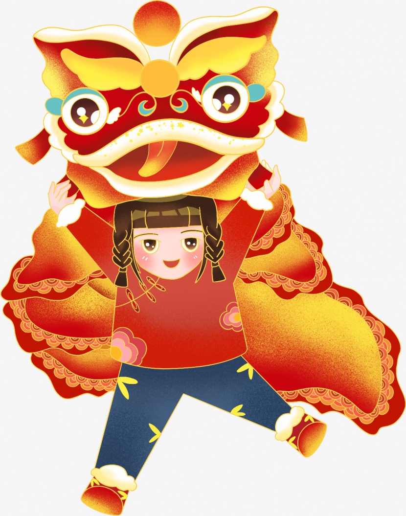 龙狮狮子春节舞狮手绘小女孩免抠元素
