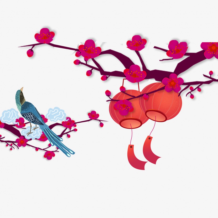 国潮中国风树枝梅花树灯笼鸟装饰背景