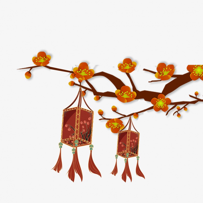 国潮中国风树枝梅花树灯笼装饰背景
