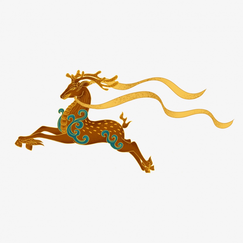 神兽鹿金色中国风古典大气飞跃春节神话烫金插画