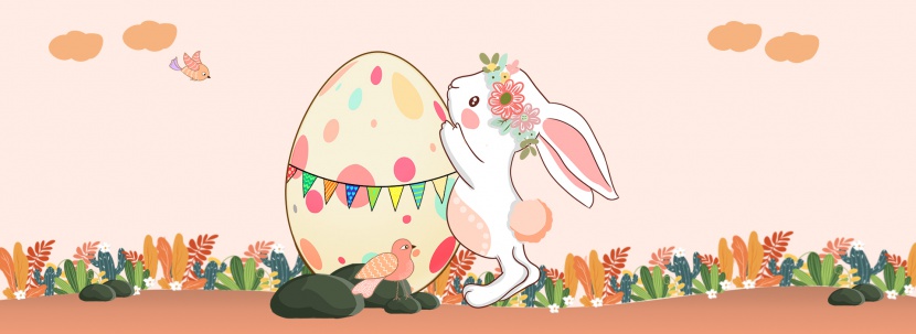复活节彩蛋兔子花朵小鸟背景海报
