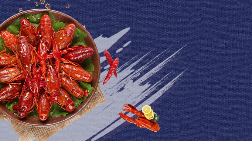 日系夏季小龙虾美食食材蓝色背景