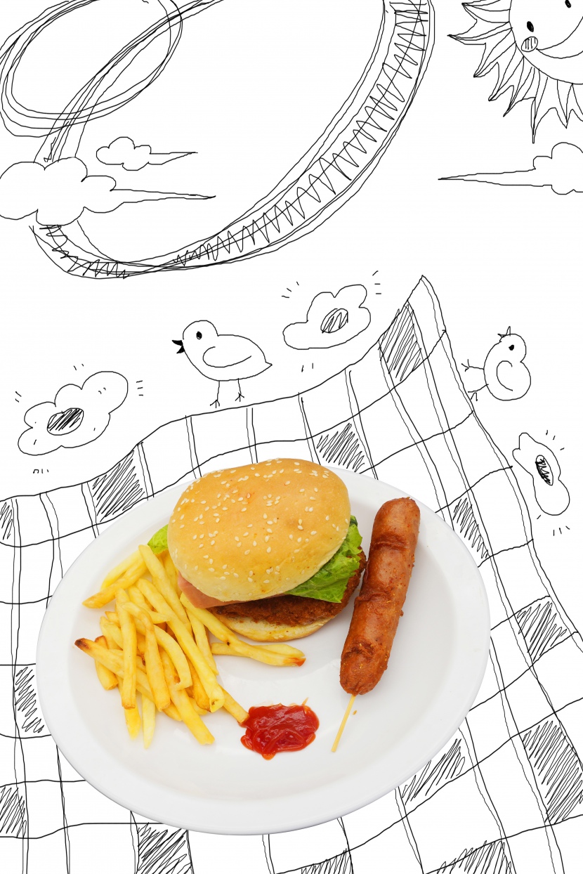 美食食物汉堡简笔画创意手绘清新简约