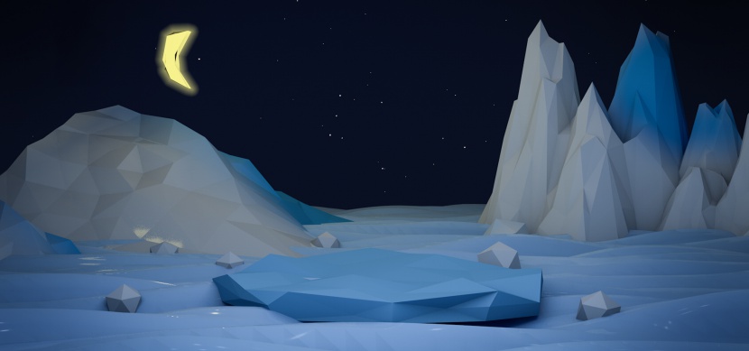 C4D夜晚多边形冰山海面背景