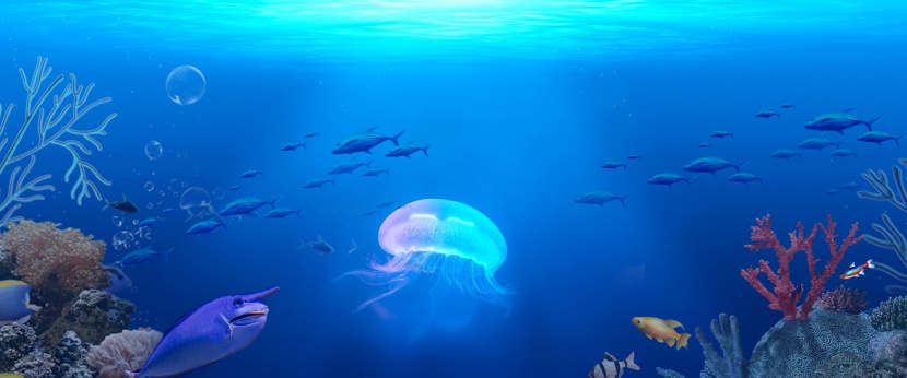 梦幻唯美海底世界深海鱼类蓝色背景