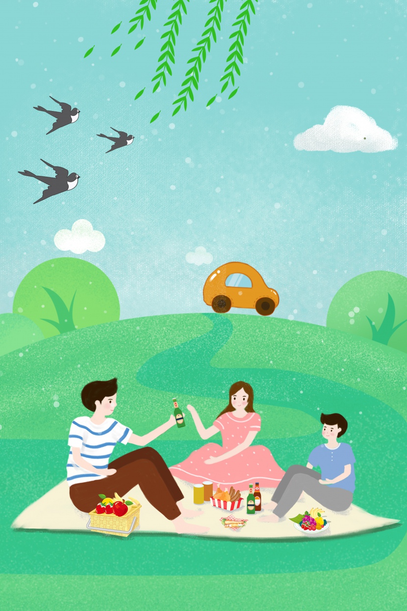夏季旅游季三人野餐广告海报
