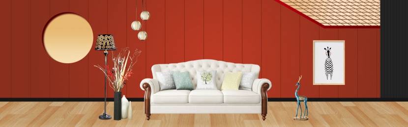 红色中式风格时尚家居沙发海报背景