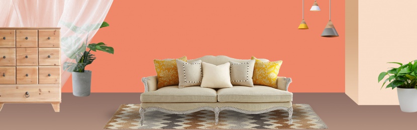 橙色温馨家居空间沙发边柜家具海报背景