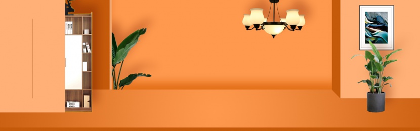 橙色温馨家居空间床品四件套海报背景