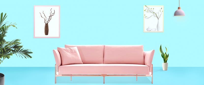 粉蓝色简约ins风格立体空间沙发海报背景