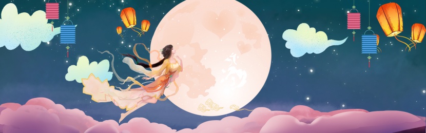 深蓝色夜晚天空嫦娥卡通中秋节月饼海报背景