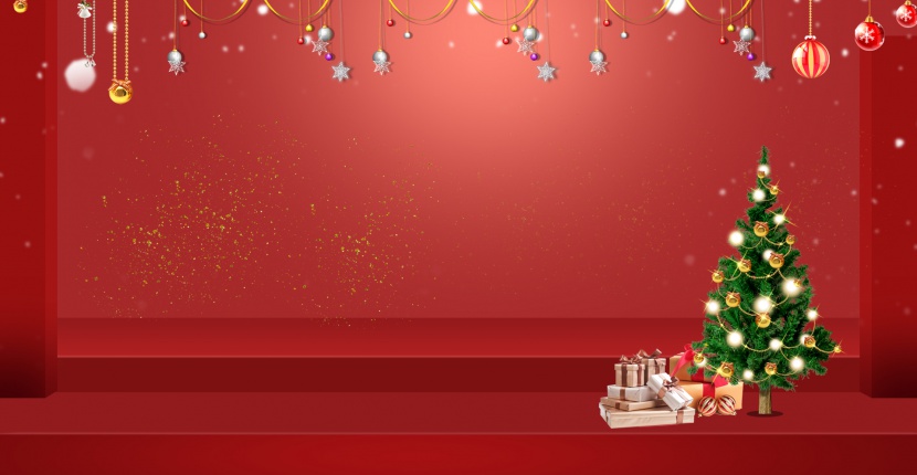 红色简约立体空间阶梯圣诞家居用品海报背景